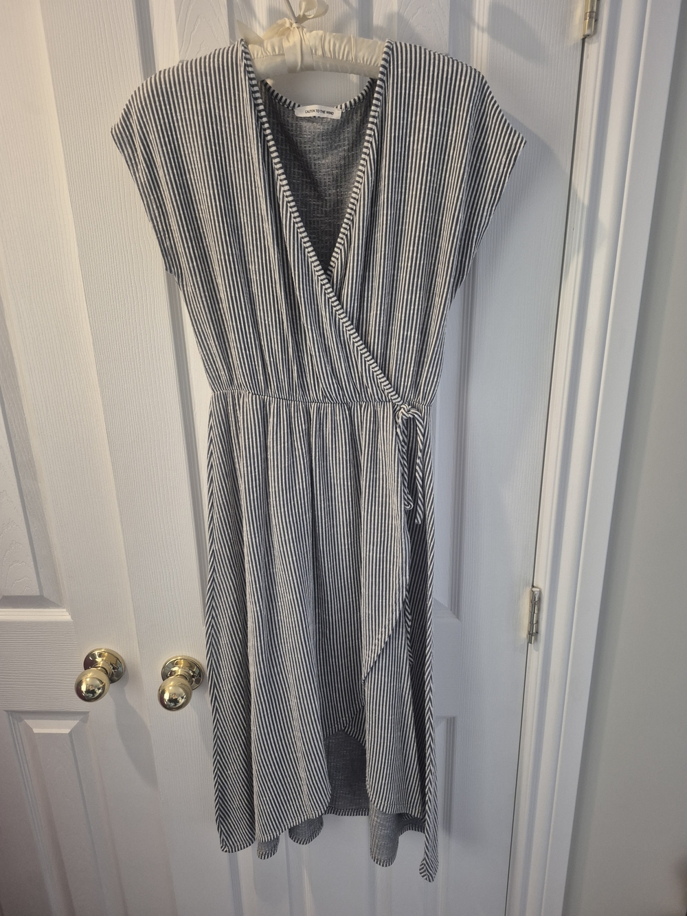 Caution To The Wind Striped Wrap Dress S Blue White Tie Waist - Picture 3 of 7